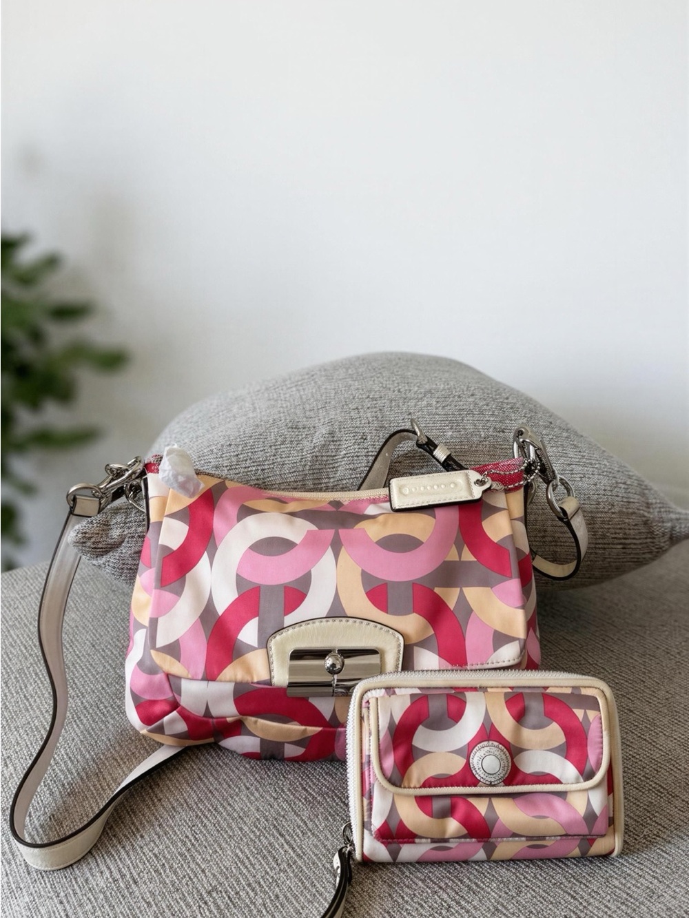 Coach Pink Multi Signature Print Crossbody with Matching Wallet Set
